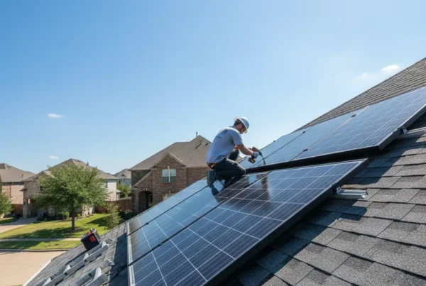 Professional installing solar panels on a durable asphalt shingle roof in Dallas, Texas.