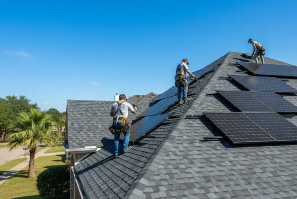A professional installing solar panels on an asphalt shingle roof in Flower Mound, Texas.