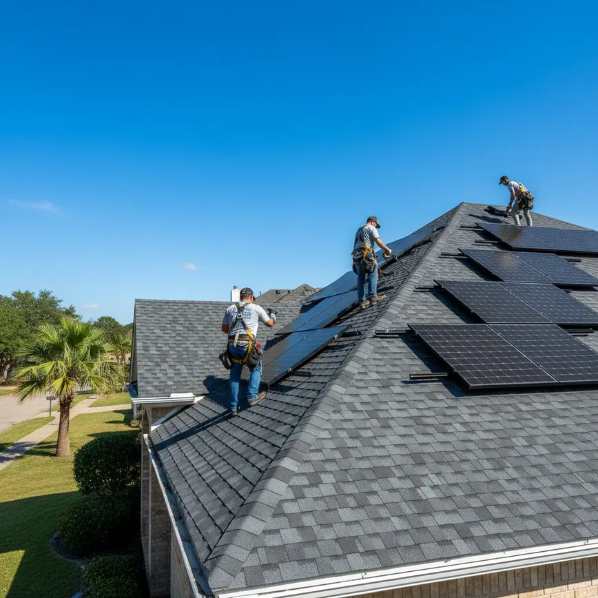 A professional installing solar panels on an asphalt shingle roof in Flower Mound, Texas.