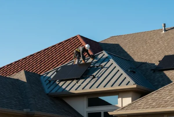 A professional installing solar panels on a Texas roof with various roofing materials.