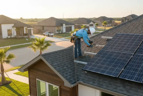 Technician installing solar panels on the new roof of a modern Texas home.