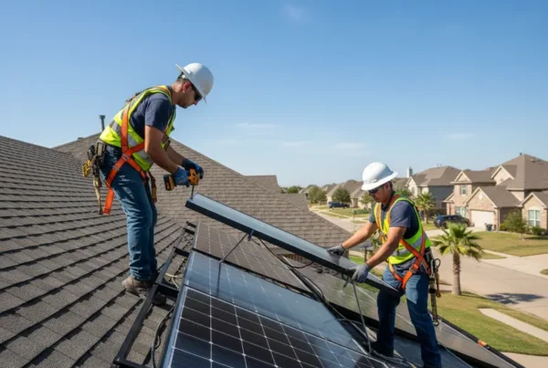 Certified technicians safely performing a solar panel removal on a residential roof in Texas.