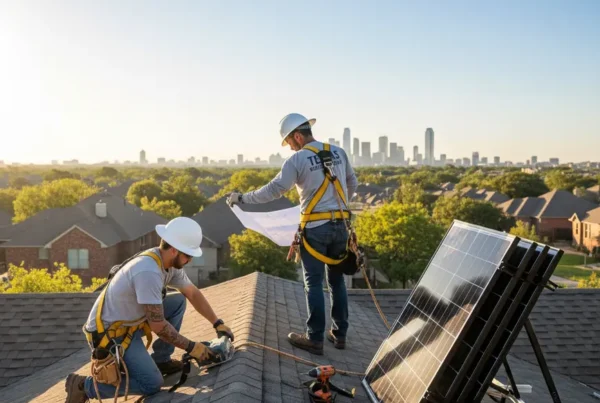 A solar technician and a roofer coordinating the removal of solar panels on a residential roof.