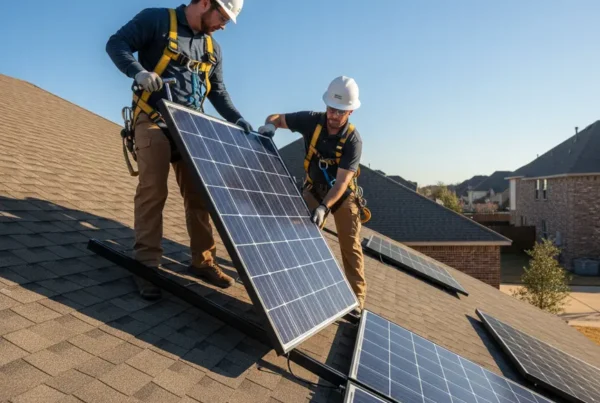 Two professional technicians safely removing solar panels from a residential roof in Texas.