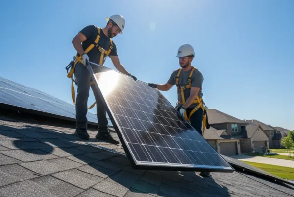 Two certified technicians safely removing solar panels from a residential roof in DFW.