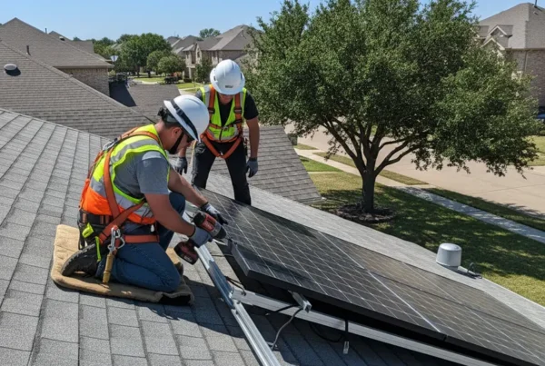 Certified technicians carefully removing solar panels from a residential roof in Texas before replacement.