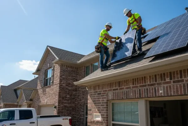 Two licensed technicians safely removing solar panels from a residential roof in Dallas.
