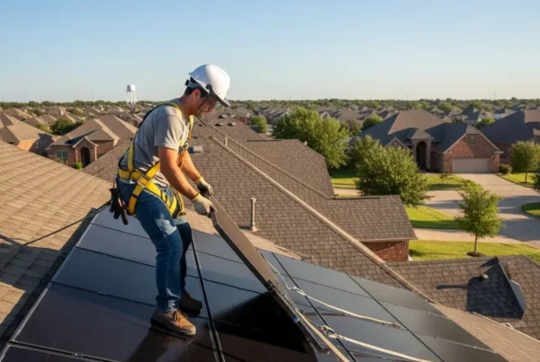 Technician safely removing a solar panel from a residential rooftop in Wylie, Texas.