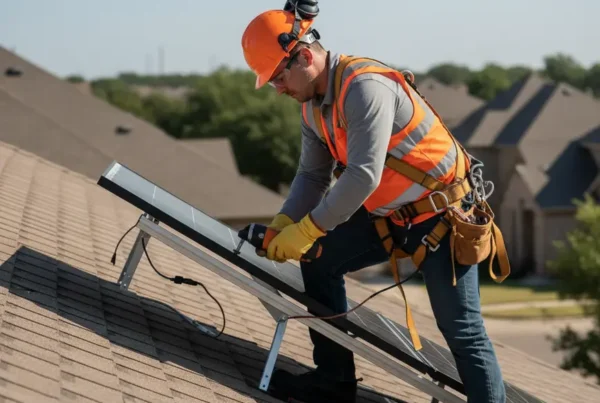 A professional technician carefully removing a solar panel from a residential roof in DFW.