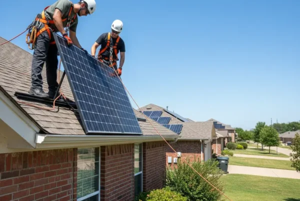 Certified technicians carefully removing solar panels from a residential roof in Bedford, Texas.