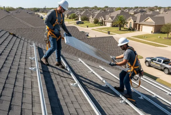 Two professional technicians carefully reinstalling solar panels on a residential roof in Irving, Texas.