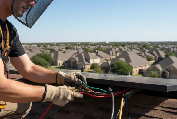 An electrician carefully disconnects solar panel wiring on a residential roof in DFW.