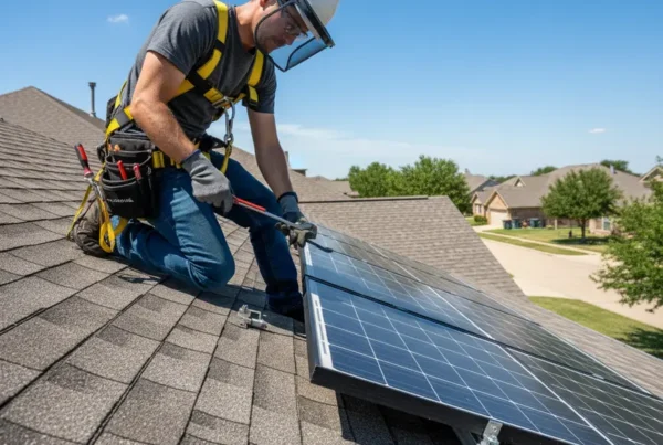 Technician safely performing solar panel removal on a residential roof in DFW.