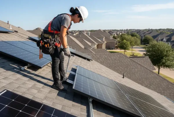 Certified technician safely removing a solar panel from a residential roof in Texas.