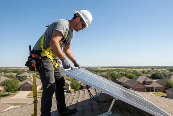 A certified technician carefully removes a solar panel from a residential roof in Texas.