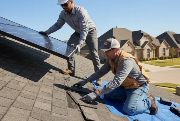 Solar technician and roofer working together on removing solar panels for roof replacement.