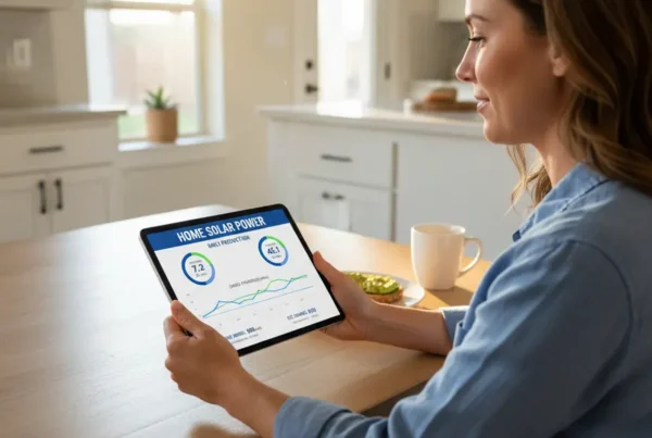 A homeowner in Texas reviews solar panel production data on a tablet dashboard.