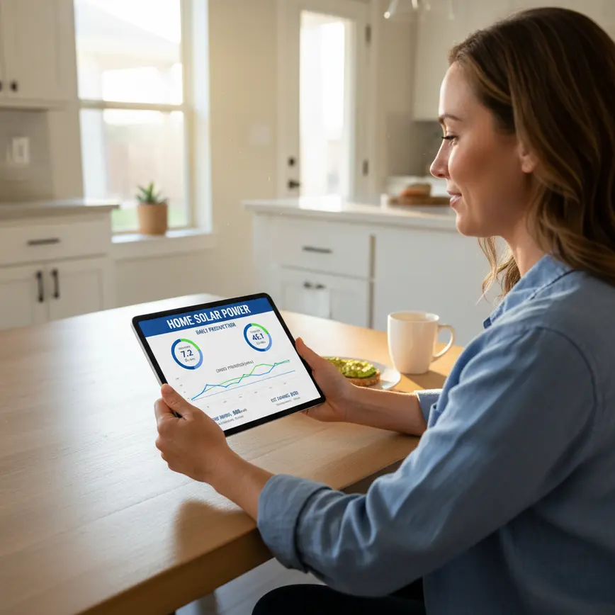A homeowner in Texas reviews solar panel production data on a tablet dashboard.