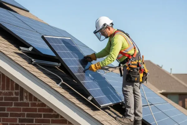 Licensed technician performing a safe solar panel removal on a residential roof in Dallas.