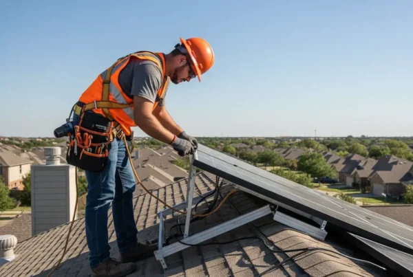 A licensed electrician carefully removes a solar panel from a residential roof in Irving, Texas.