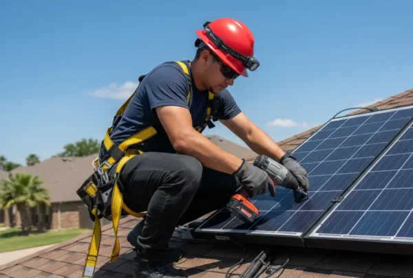 A licensed electrician in full safety gear removing a solar panel from a roof.