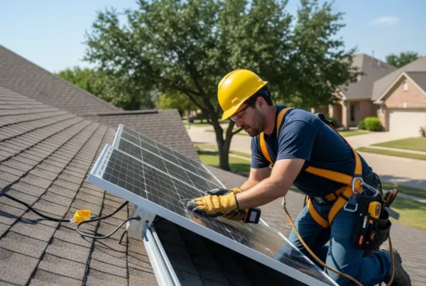 Licensed electrician performing a safe solar panel removal on a residential roof in Waxahachie.