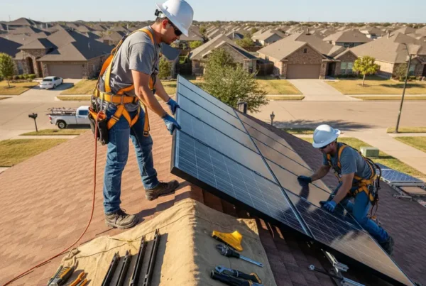 Certified technicians safely removing solar panels from a residential roof in Texas.