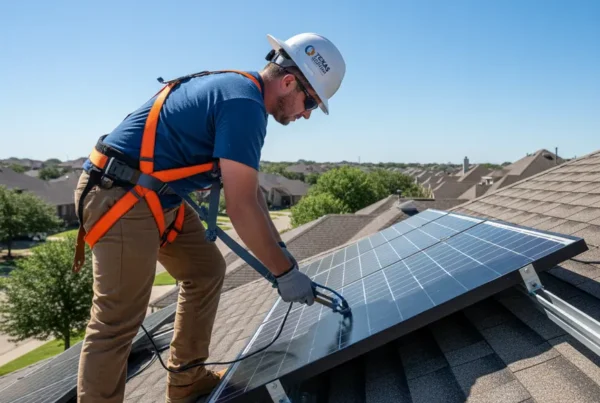 Licensed electrician safely removing a solar panel from a residential roof in Texas.
