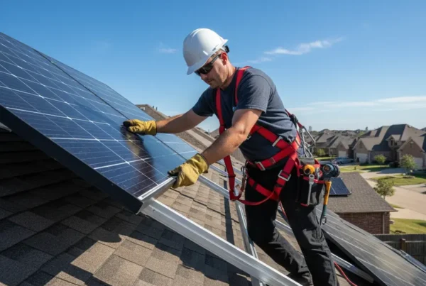 Licensed electrician safely performing solar panel removal on a residential roof in Dallas Fort Worth.