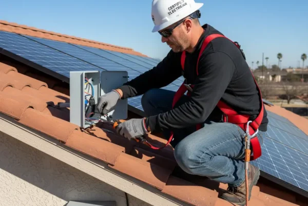 Electrician safely reconnecting solar panels to the grid on a residential roof in Texas.