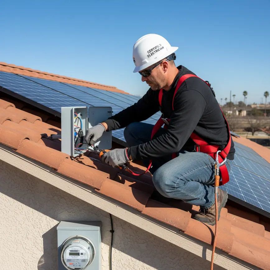 Electrician safely reconnecting solar panels to the grid on a residential roof in Texas.
