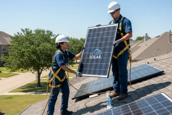 Two certified technicians performing a professional solar panel detach and reset on a residential roof.