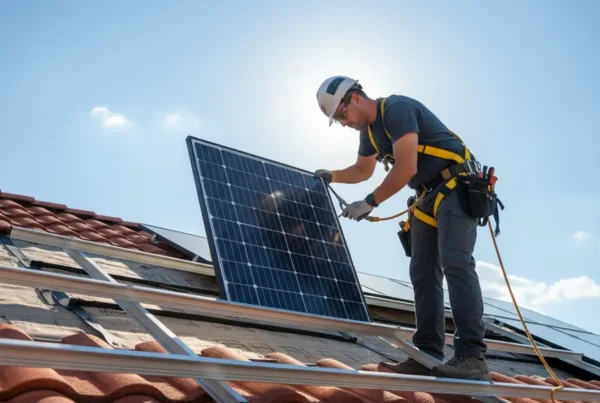 Technician in safety gear performing a solar panel detach and reset on a sunny roof.