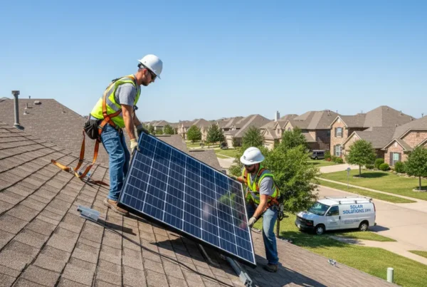 Technicians in safety gear performing a solar panel detach and reset on a residential roof.