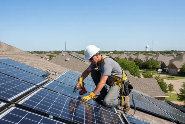A licensed technician carefully reinstalling a solar panel on a residential rooftop.