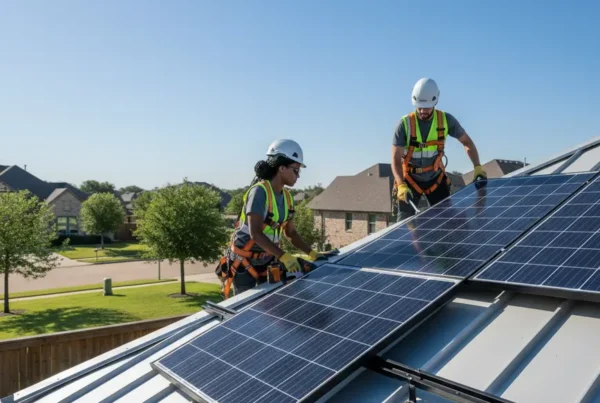 Two technicians reinstalling solar panels on a residential roof in Dallas Fort Worth.