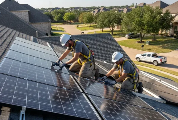 Two professional technicians reinstalling solar panels on a residential roof in Texas.