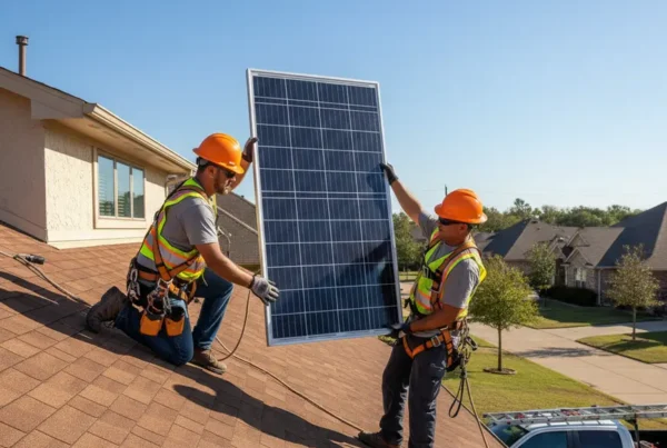 Two technicians carefully performing solar panel removal on a residential roof in Dallas.