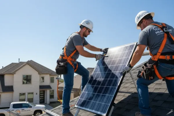 Technicians safely performing solar panel removal on a residential roof in Cedar Hill, Texas.