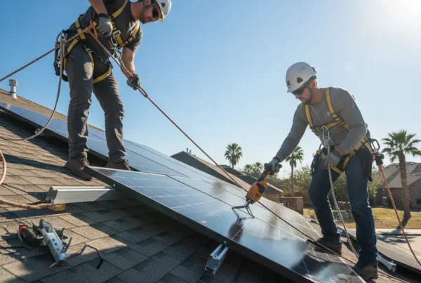 Two professional technicians safely removing solar panels from a residential roof in Texas.
