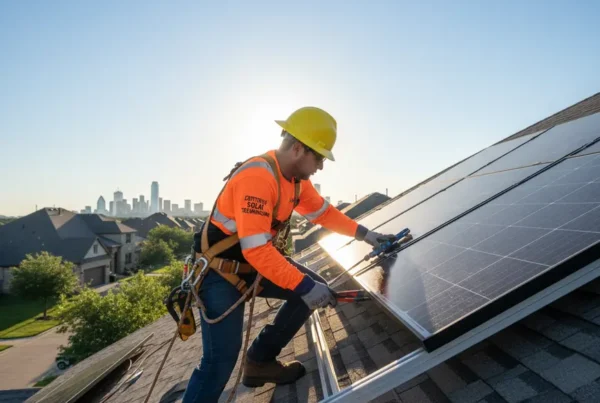 Technician in safety gear performing professional solar panel removal on a residential roof.