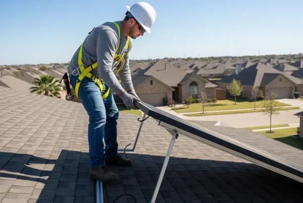 Professional technician safely performing solar panel removal on a residential roof in Dallas.