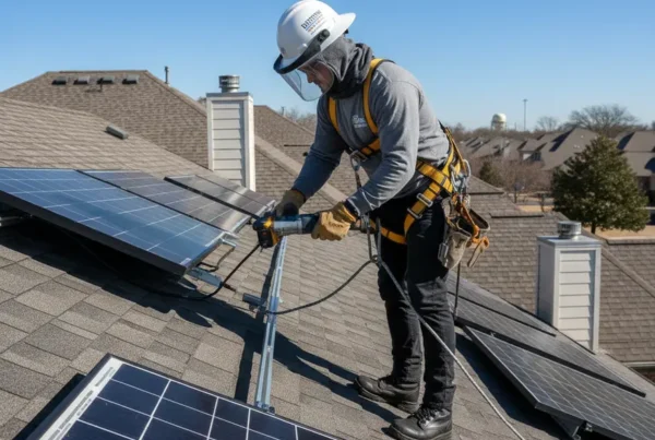 Technician performing professional solar panel removal on a residential roof in Denton, Texas.