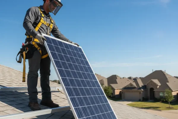 Technician performing professional solar panel removal on a residential roof in Dallas, Texas.
