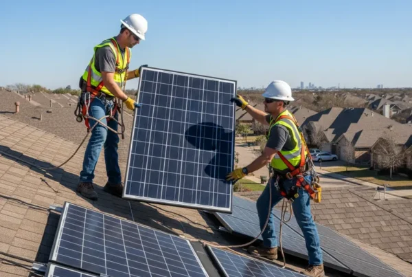 Certified technicians carefully removing a solar panel from a residential rooftop in DFW.