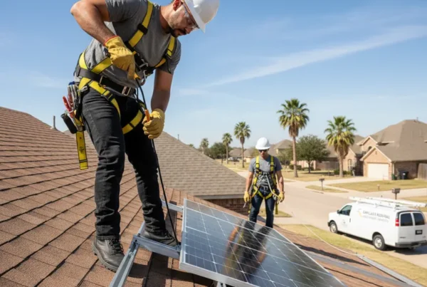 Certified technician in safety gear carefully removing a solar panel from a residential roof.