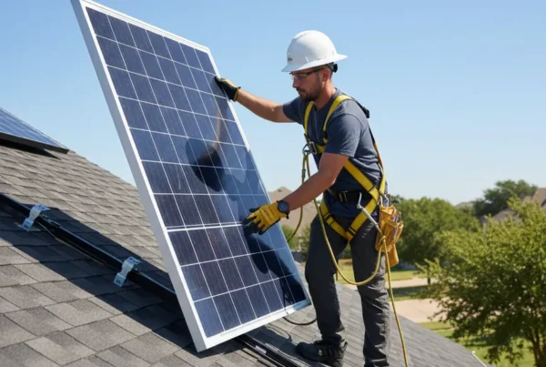 Professional technician in safety gear carefully removing a solar panel from a residential roof.