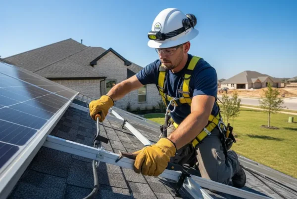 Technician performing professional solar panel removal on a residential roof in Rockwall, TX.