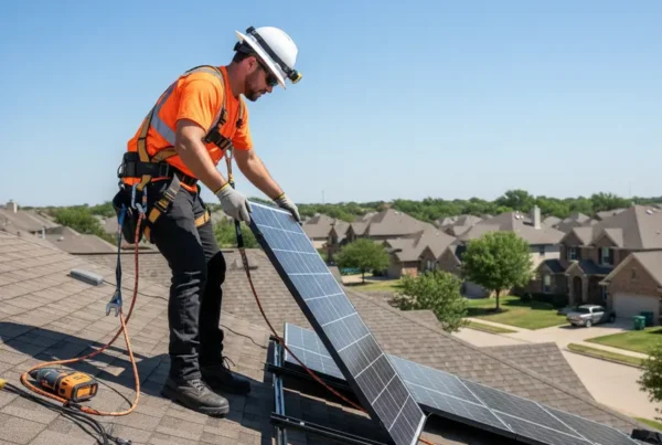 Certified electrician in safety gear safely removing solar panels from a residential roof.