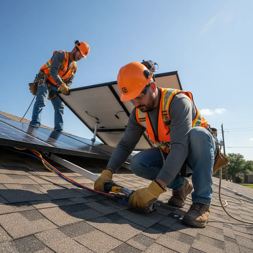 Licensed electricians performing a professional solar panel removal on a residential roof in Texas.